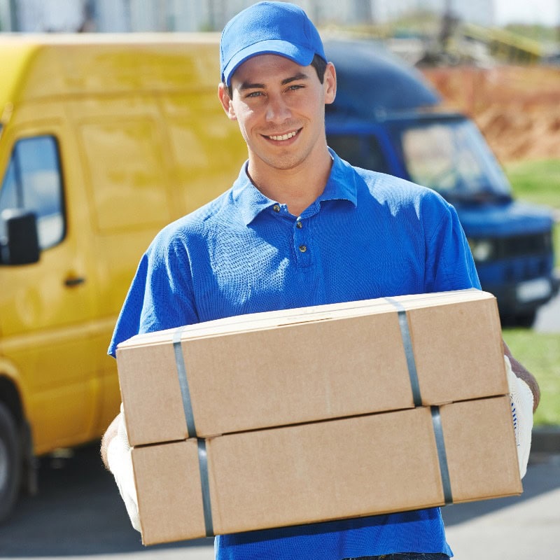 Paketzusteller mit umweltfreundlicher Ausrüstung vor Lieferwagen, umweltbewusstes Logistikdesign, nachhaltige Zustellung, letzter Meile, Emfschutz, elektromagnetische Felder, gesunde Arbeitsumgebung, umweltfreundliche Lieferkette, emissionsarme Logistik, ökologische Mobilität.