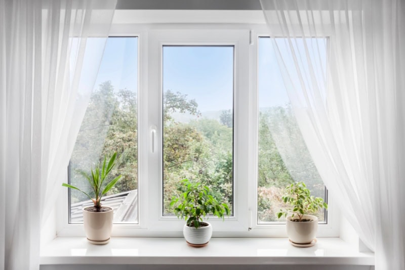 Finestra moderna con tende di tulle bianche e piante in vaso, ideale per un'illuminazione naturale e un design degli interni. Perfetta per la protezione EMF e un'abitazione sana.